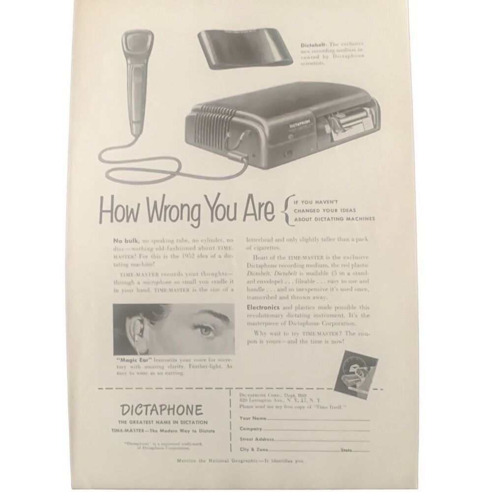 Vintage 1952 Dictaphone Dictabelt Ad Advertisement